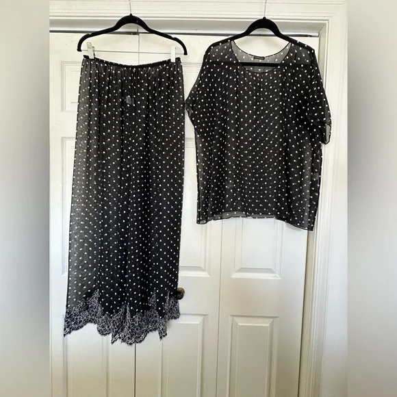 Rosamosario 100% Silk Georgette Polka Dot Lounge Set French Lace Luxury Lounge - Picture 4 of 17